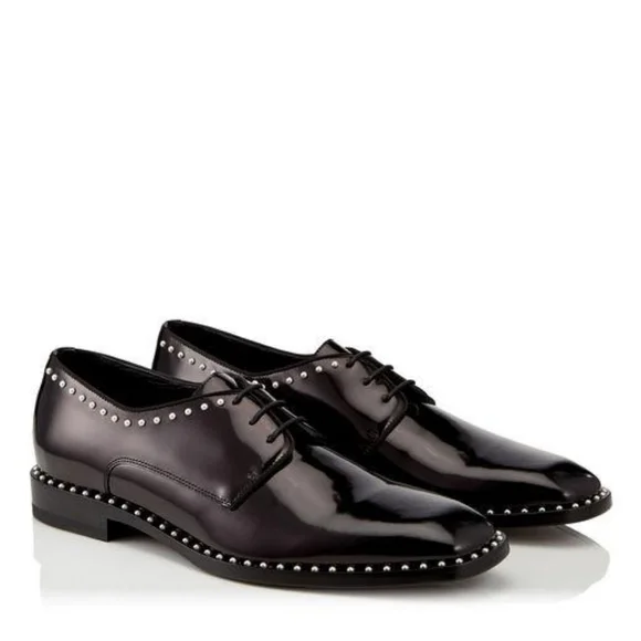 NWB Jimmy Choo Shiny Black Leather Oxford Shoe with Pearl Detailing - Picture 8 of 8